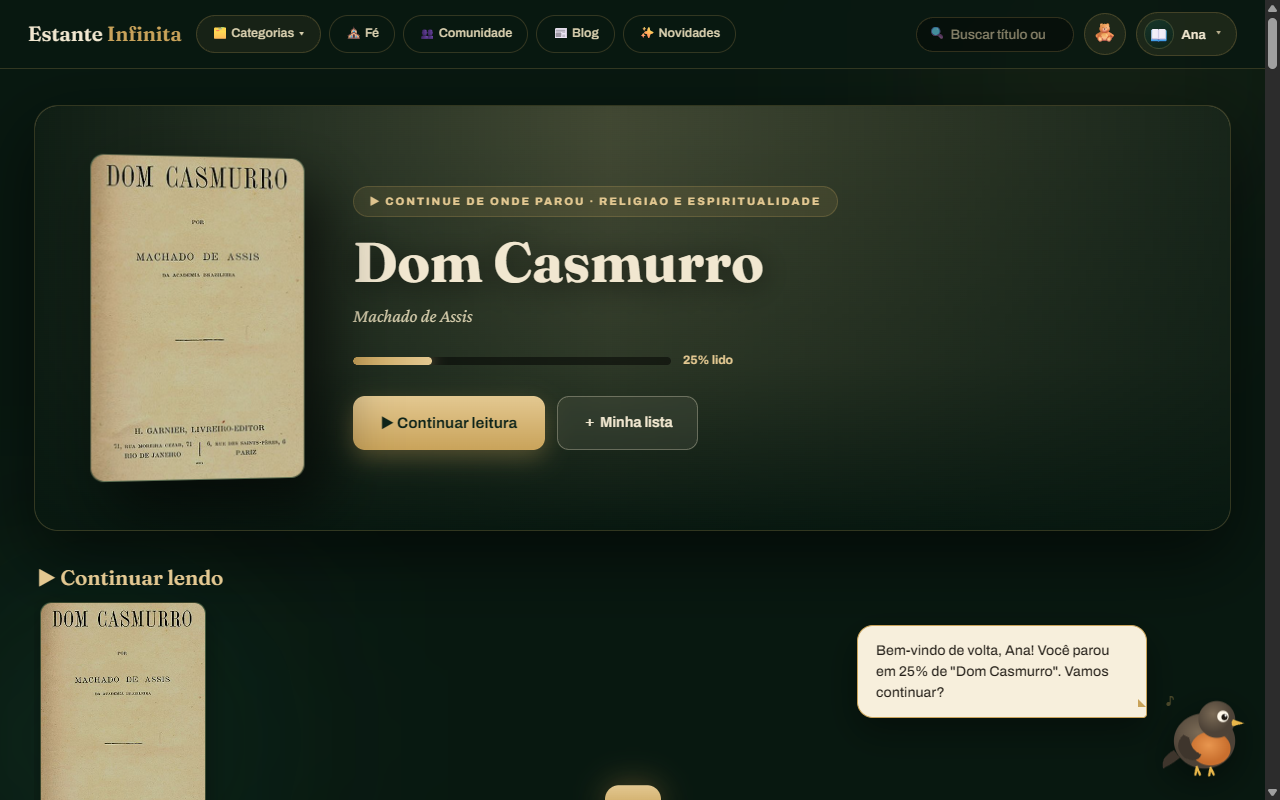 Tela real da biblioteca: destaque com Dom Casmurro, continuar de onde parou e o mascote Sabiá dando as boas-vindas